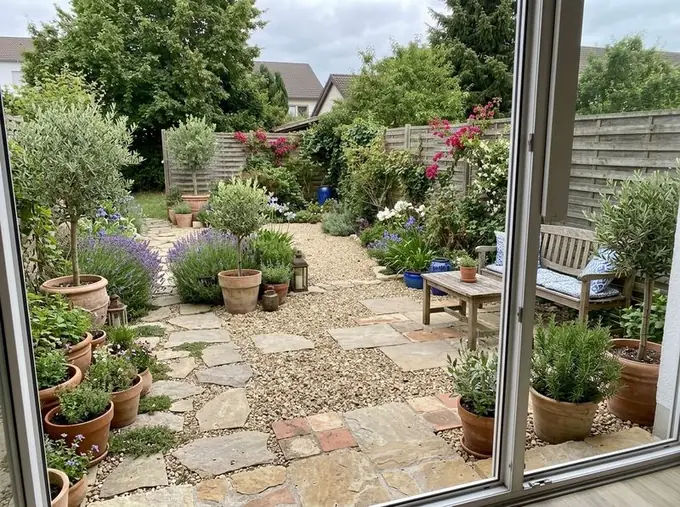 After: the same yard, Mediterranean, with terracotta, gravel, an olive tree and lavender